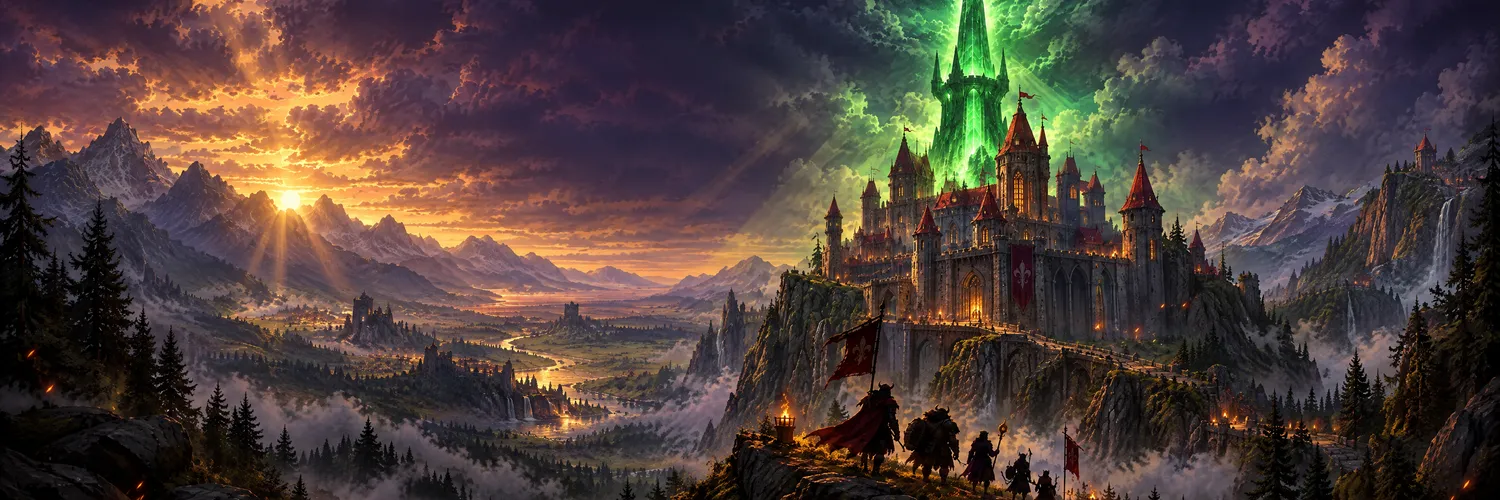 Painted panorama of the Pumpville citadel under a glowing emerald spire
