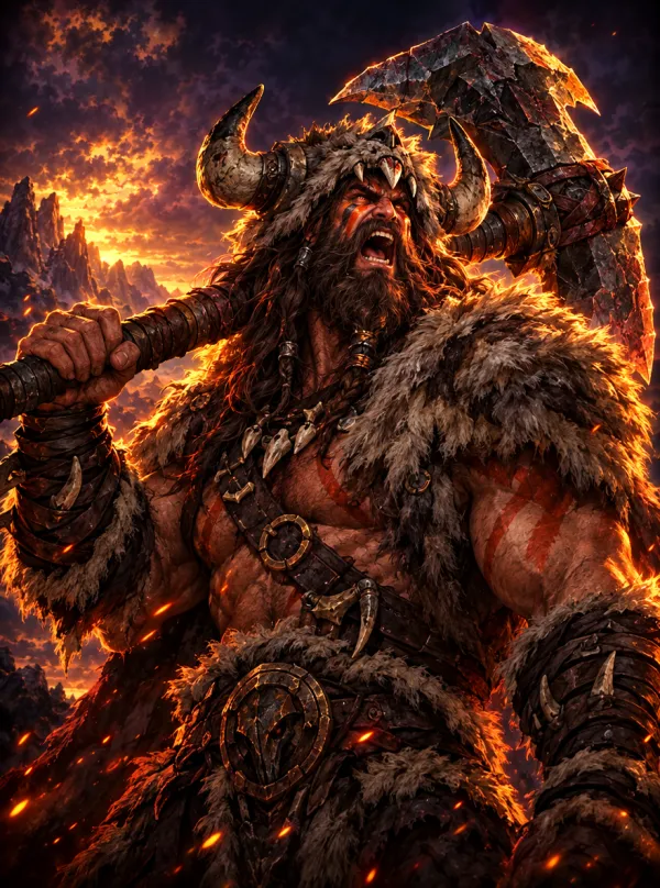 Ape Barbarian roaring with a two-handed battle axe