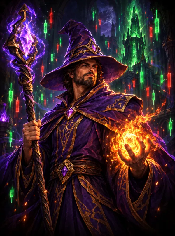 Chart Wizard in violet robes holding a fireball