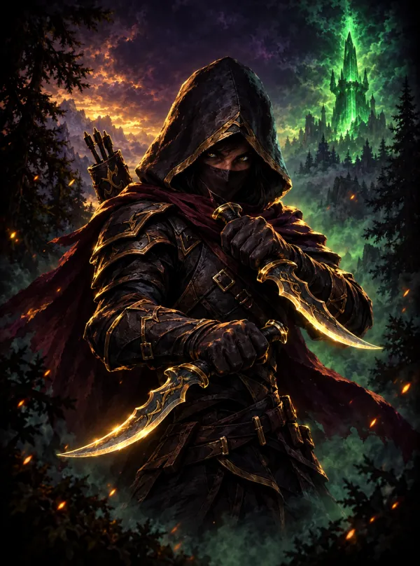 Sniper Rogue in a deep hood with two curved daggers
