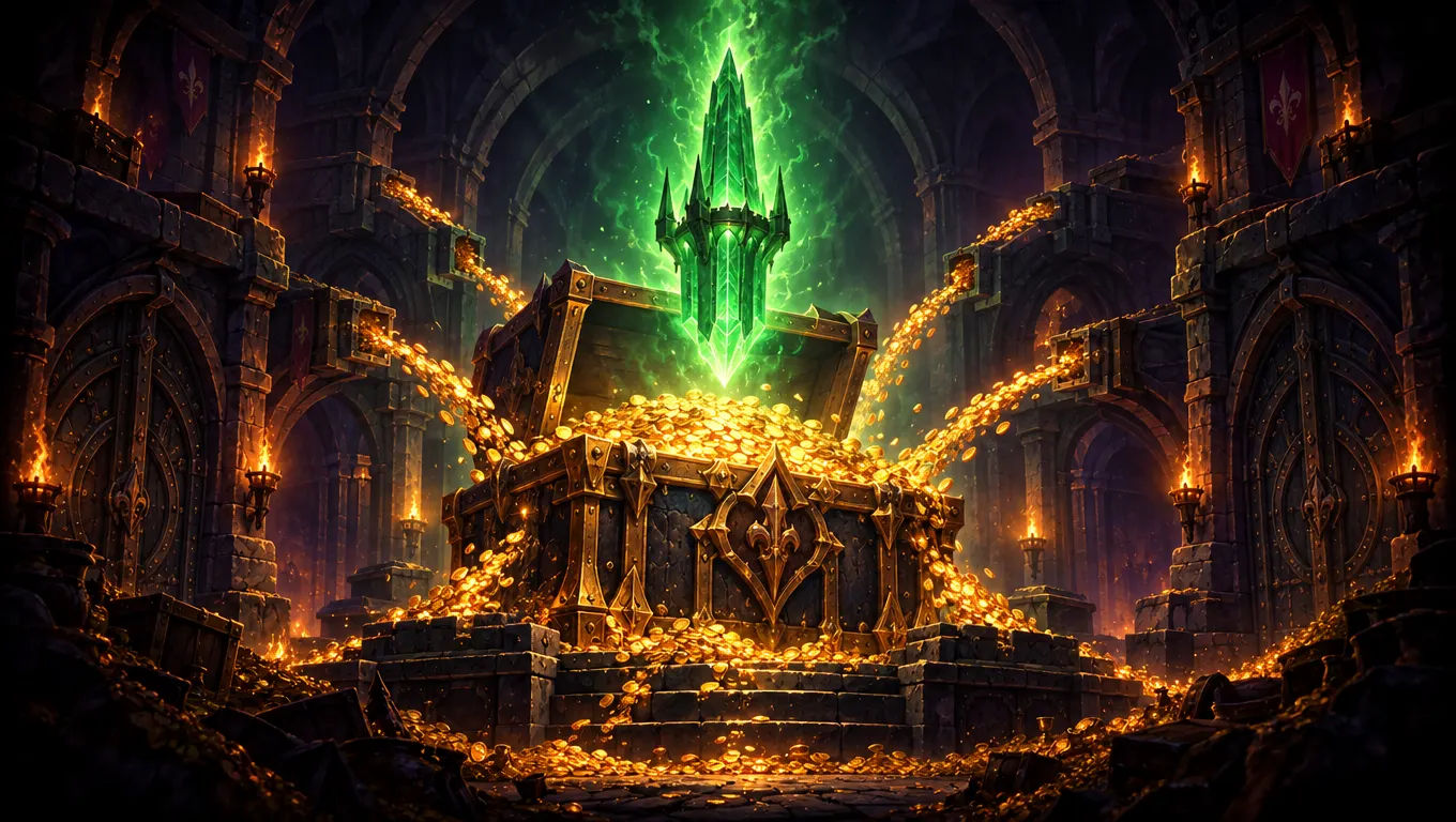 Painted treasure vault with a gold-filled chest under a glowing emerald crystal