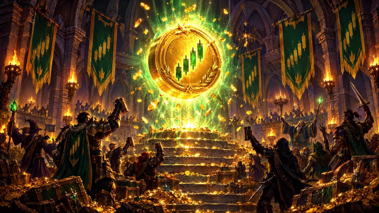 Painted guild hall celebrating around a glowing gold coin with a green candlestick emblem