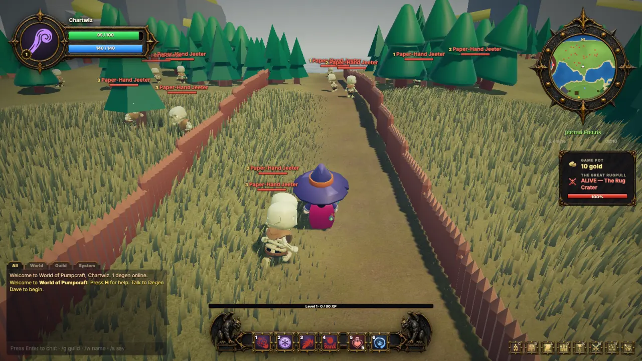In-game screenshot: a mage walking the road through Jeeter Fields past Paper-Hand Jeeters