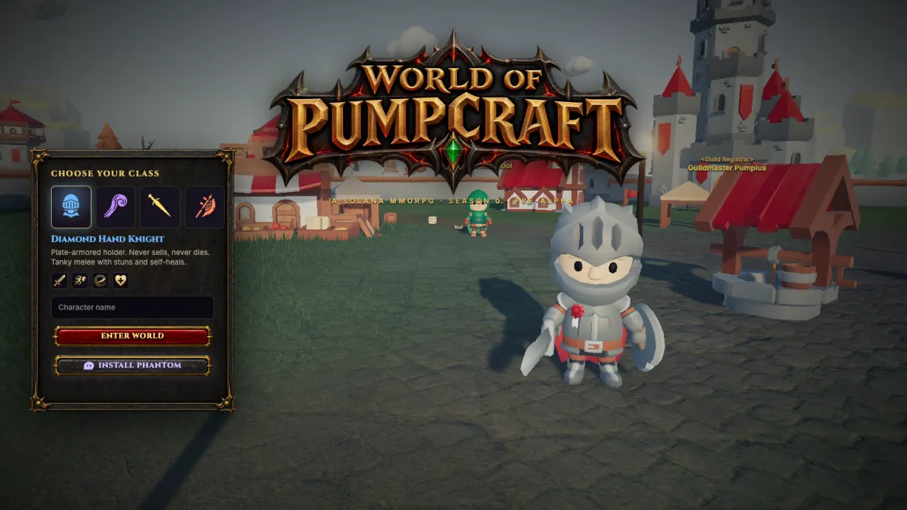 Character select screen with the Diamond Hand Knight preview in Pumpville