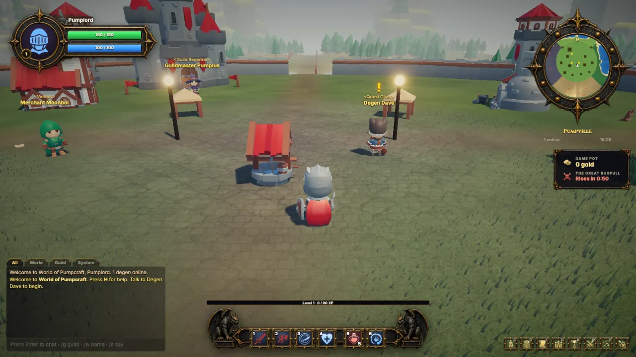In-game screenshot of Pumpville with the player HUD, minimap and quest NPCs